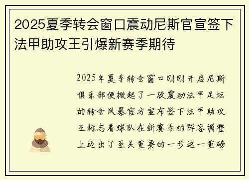 2025夏季转会窗口震动尼斯官宣签下法甲助攻王引爆新赛季期待