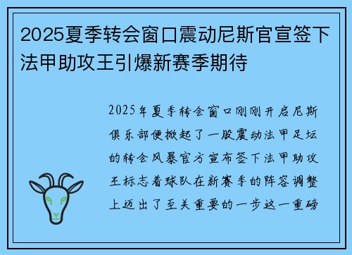 2025夏季转会窗口震动尼斯官宣签下法甲助攻王引爆新赛季期待